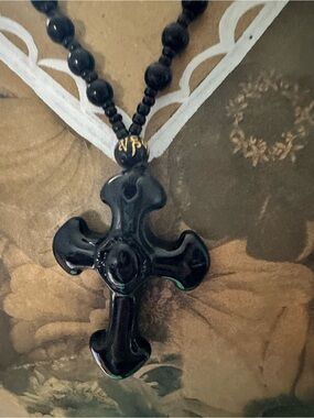 Men's Black Cross Pendant Necklace with Beaded Cord